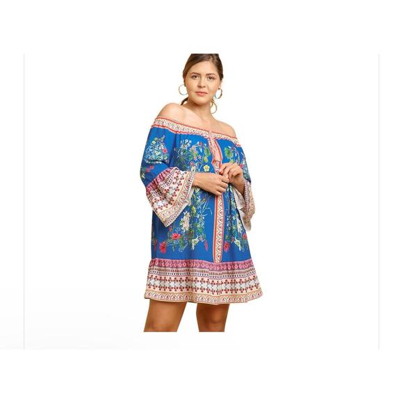 Umgee Scarf Print Knee Length Dress Size Large Bohemian Multicolor Off Shoulder - Picture 1 of 14